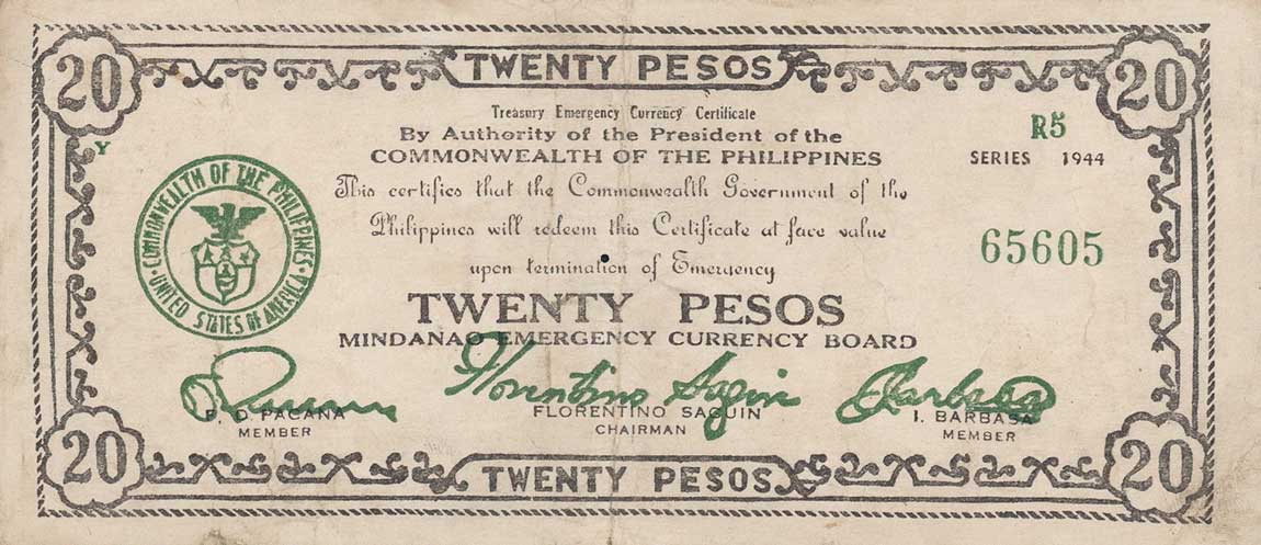 Front of Philippines pS528c: 20 Pesos from 1944