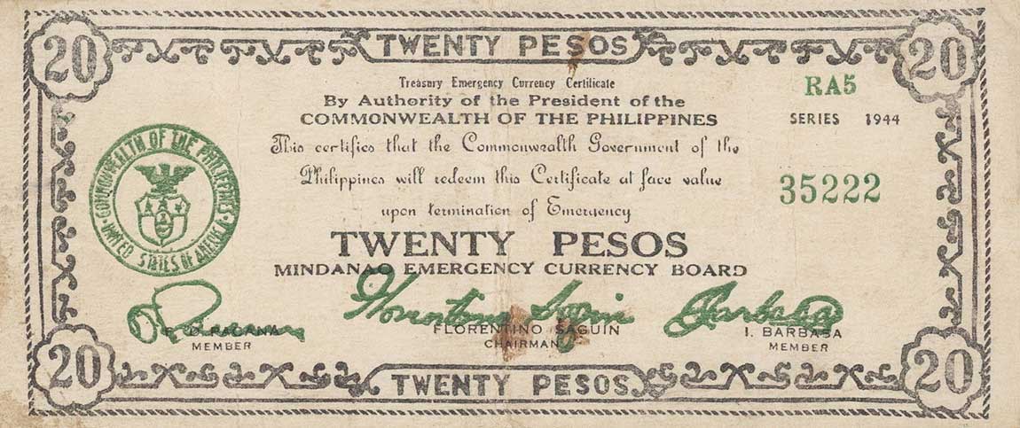 Front of Philippines pS528d: 20 Pesos from 1944