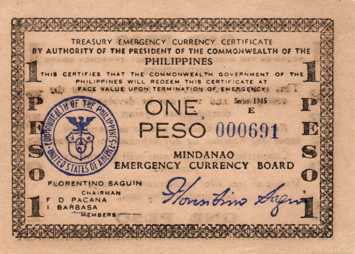 Front of Philippines pS535: 1 Peso from 1945