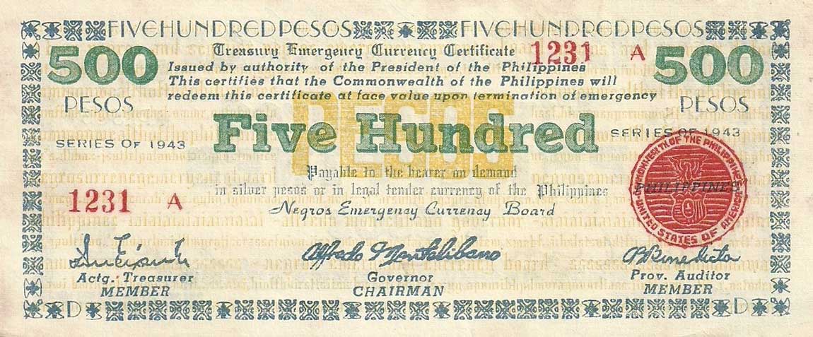 Front of Philippines pS667a: 500 Pesos from 1943