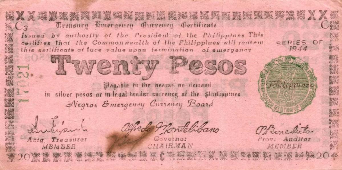 Front of Philippines pS679: 20 Pesos from 1944