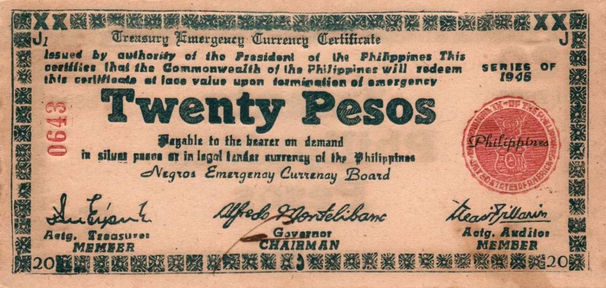 Front of Philippines pS685: 20 Pesos from 1945