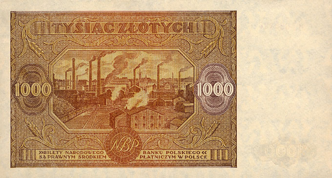 Back of Poland p122a: 1000 Zlotych from 1946