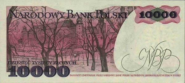 Back of Poland p151a: 10000 Zlotych from 1987