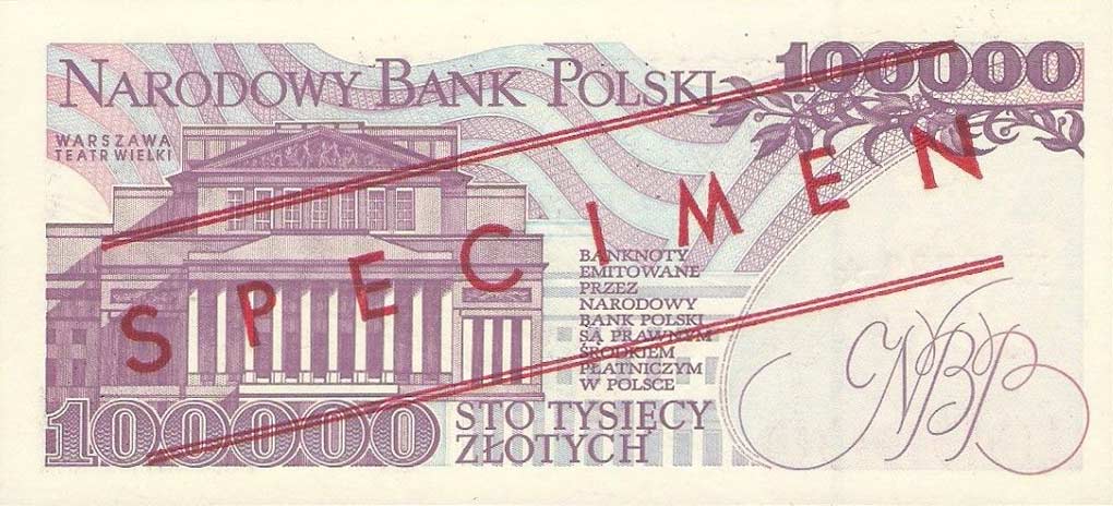 Back of Poland p160s: 100000 Zlotych from 1993