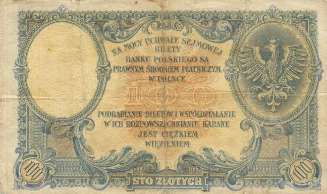 Back of Poland p17c: 100 Marek from 1919