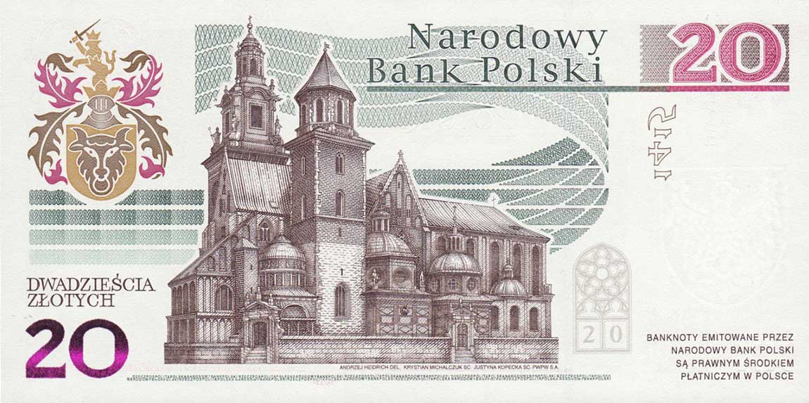 Back of Poland p188: 20 Zlotych from 2015