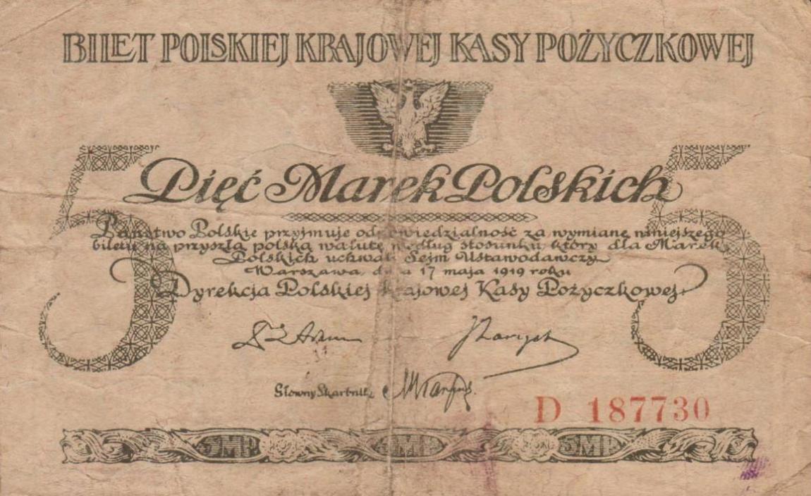 Front of Poland p20a: 5 Marek from 1919