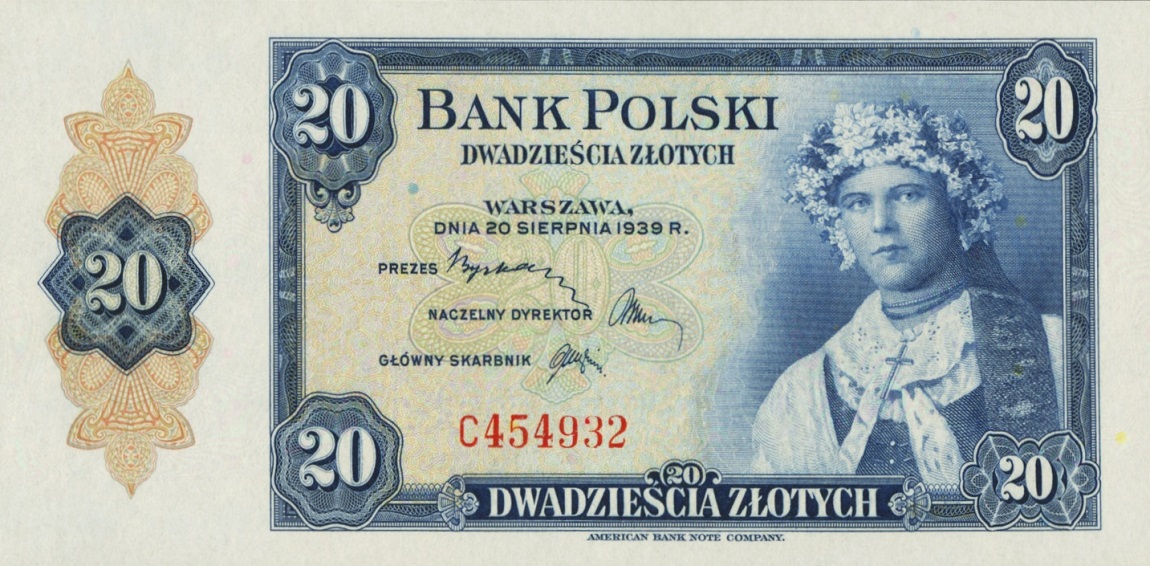 Front of Poland p87r: 20 Zlotych from 1939