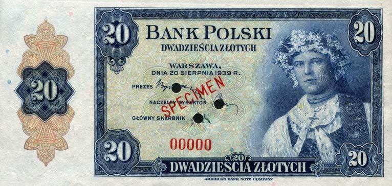 Front of Poland p87s: 20 Zlotych from 1939