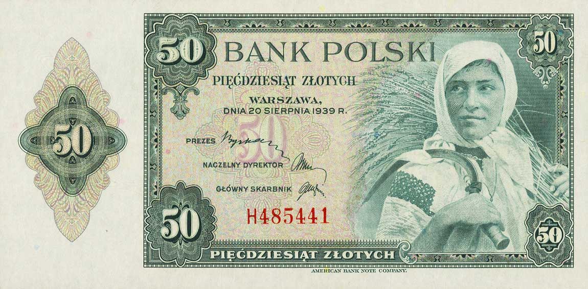 Front of Poland p88r: 50 Zlotych from 1939