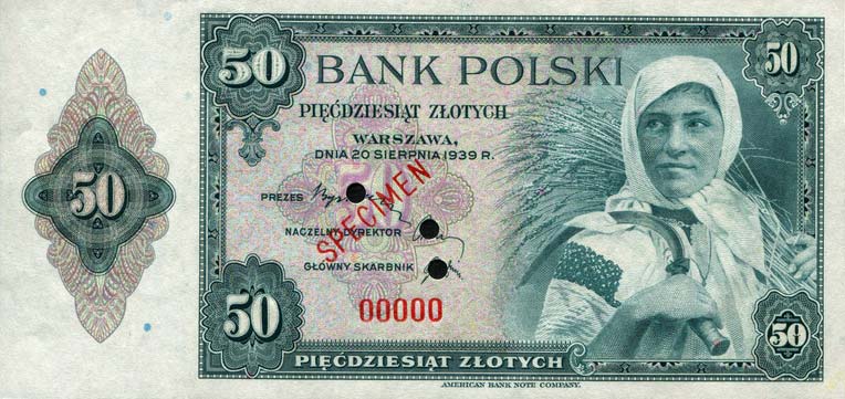 Front of Poland p88s: 50 Zlotych from 1939