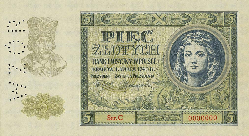 Front of Poland p93s: 5 Zlotych from 1940