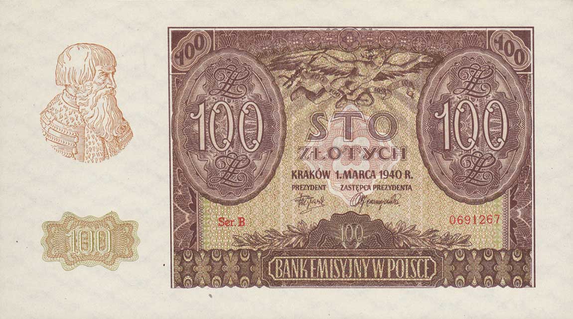Front of Poland p97: 100 Zlotych from 1940