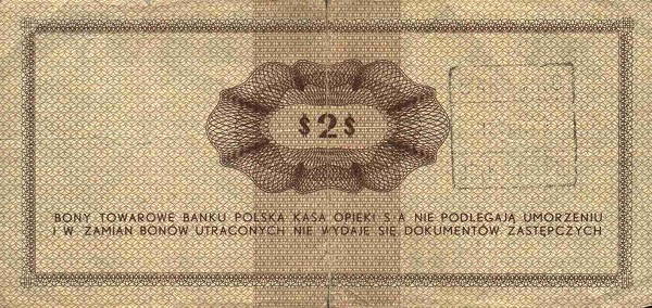 Back of Poland pFX28: 2 Dollars from 1969