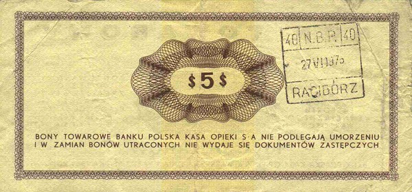 Back of Poland pFX29: 5 Dollars from 1969