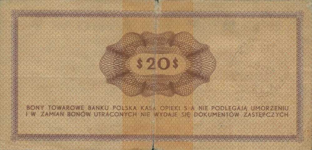 Back of Poland pFX31: 20 Dollars from 1969