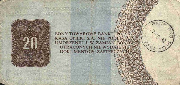 Back of Poland pFX44: 20 Dollars from 1979