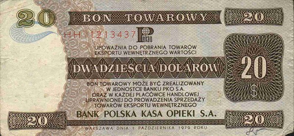 Front of Poland pFX44: 20 Dollars from 1979