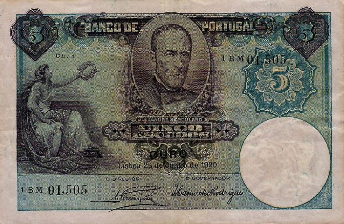 Front of Portugal p114a: 5 Escudos from 1913