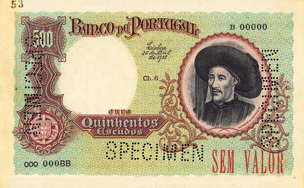 Front of Portugal p151s: 500 Escudos from 1938