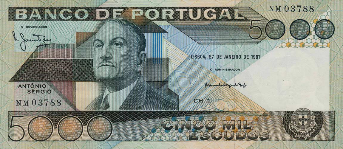 Front of Portugal p182b: 5000 Escudos from 1981