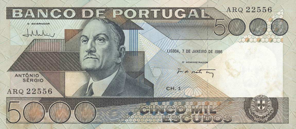 Front of Portugal p182e: 5000 Escudos from 1986