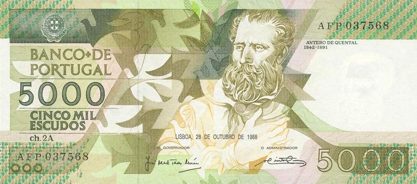 Front of Portugal p184a: 5000 Escudos from 1988