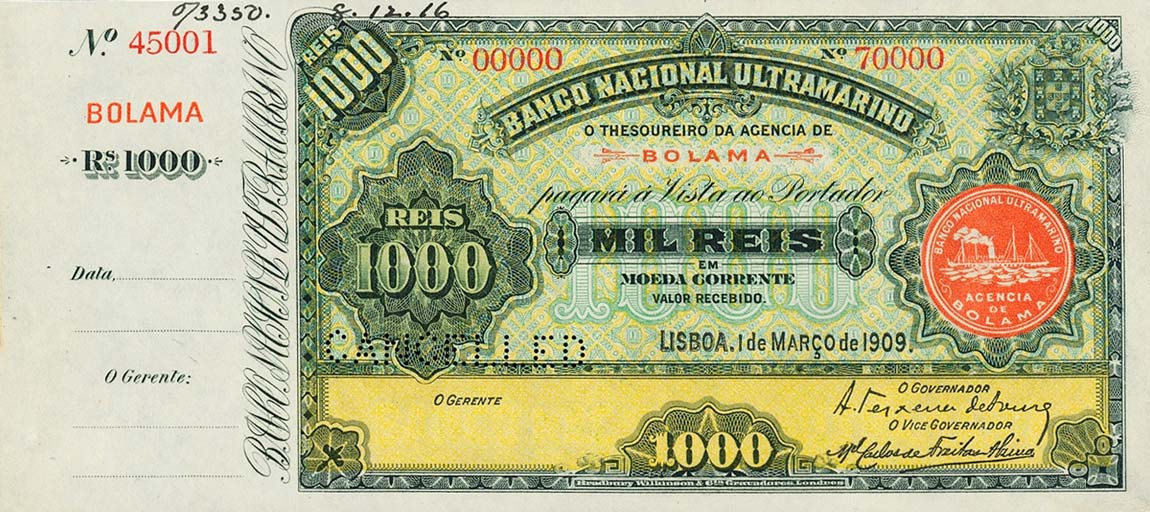 Front of Portuguese Guinea p1s: 1 Mil Reis from 1909