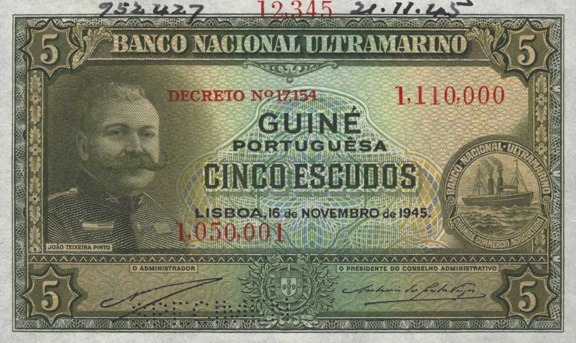Front of Portuguese Guinea p27s: 5 Escudos from 1945