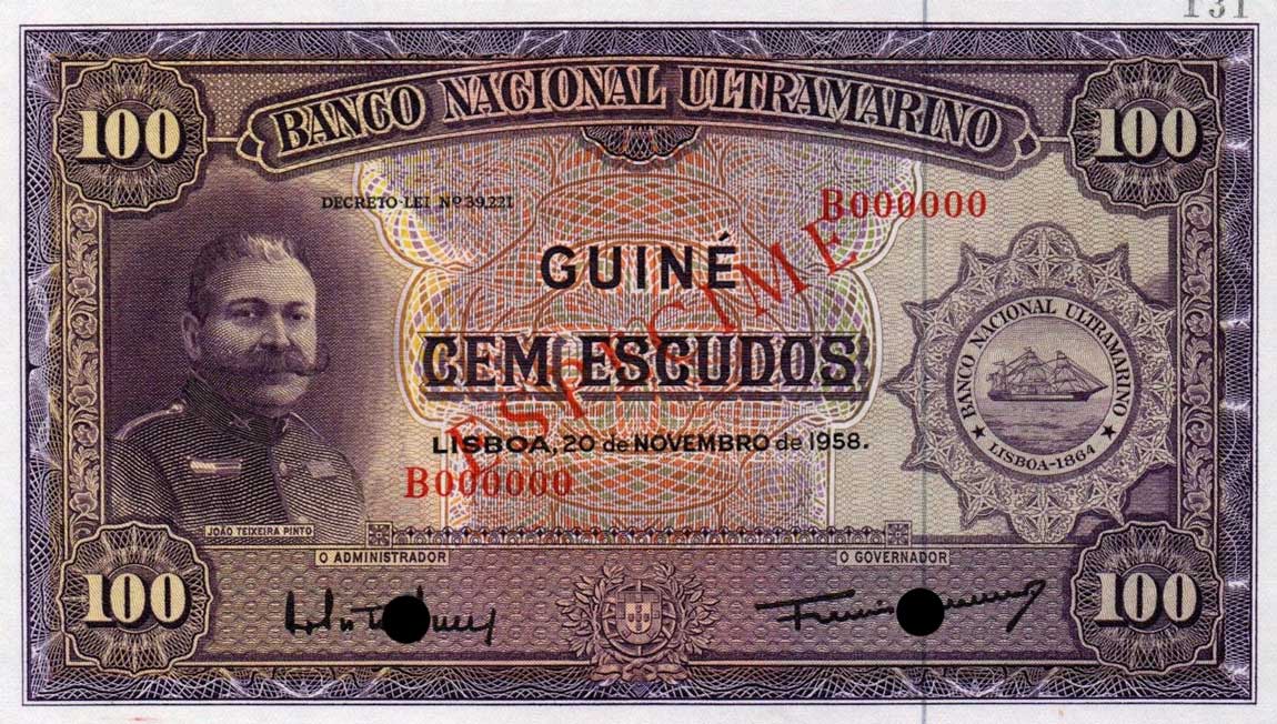 Front of Portuguese Guinea p38s: 100 Escudos from 1958