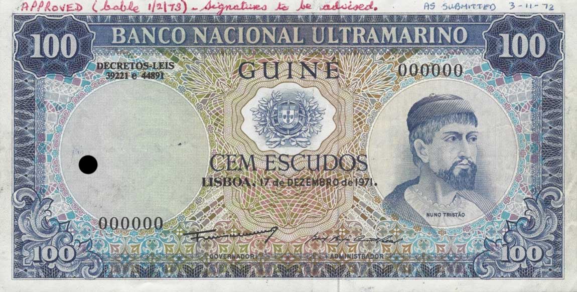 Front of Portuguese Guinea p45s: 100 Escudos from 1971