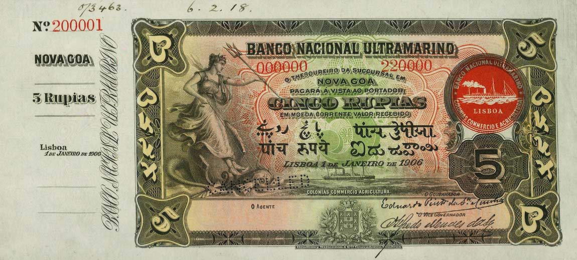 Front of Portuguese India p15s: 5 Rupia from 1906