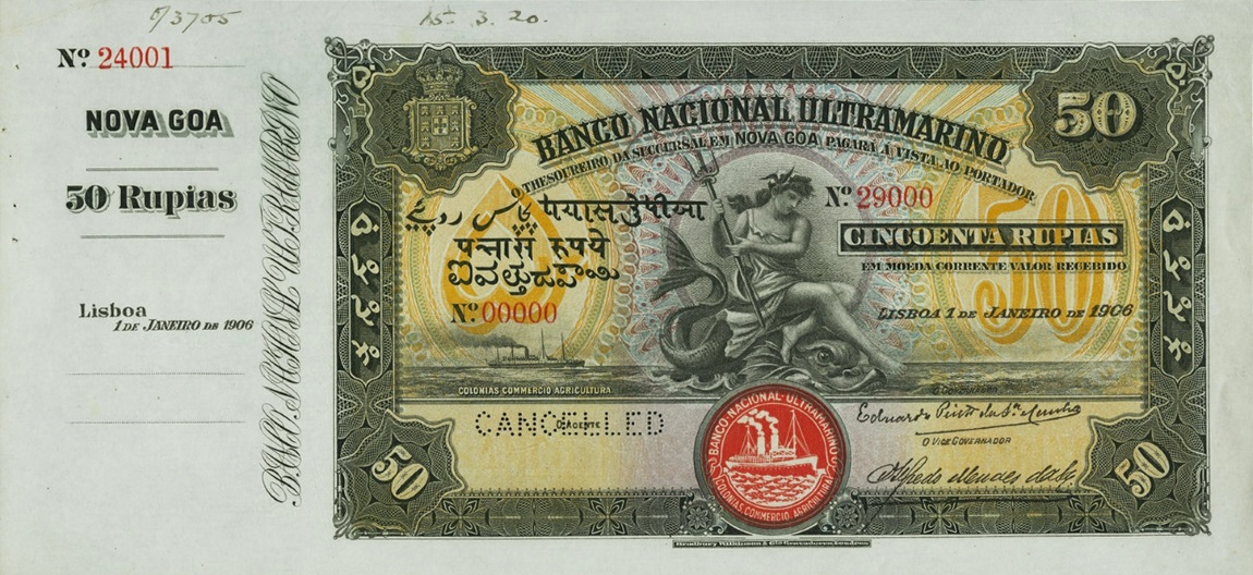 Front of Portuguese India p18As: 50 Rupia from 1906
