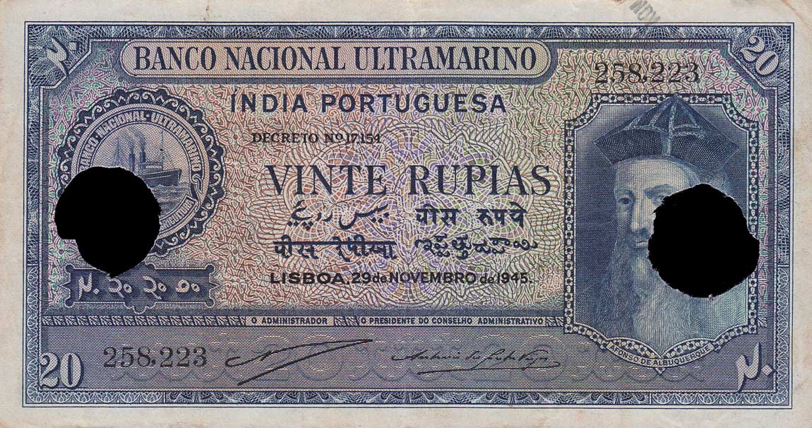 Front of Portuguese India p37x: 20 Rupia from 1945
