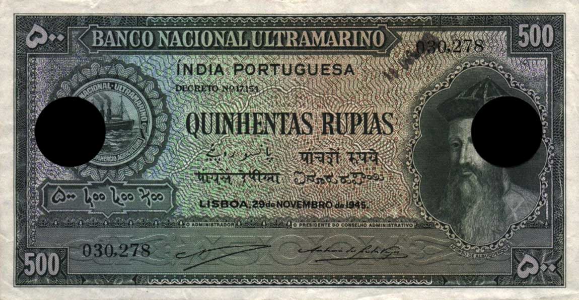 Front of Portuguese India p40x: 500 Rupia from 1945