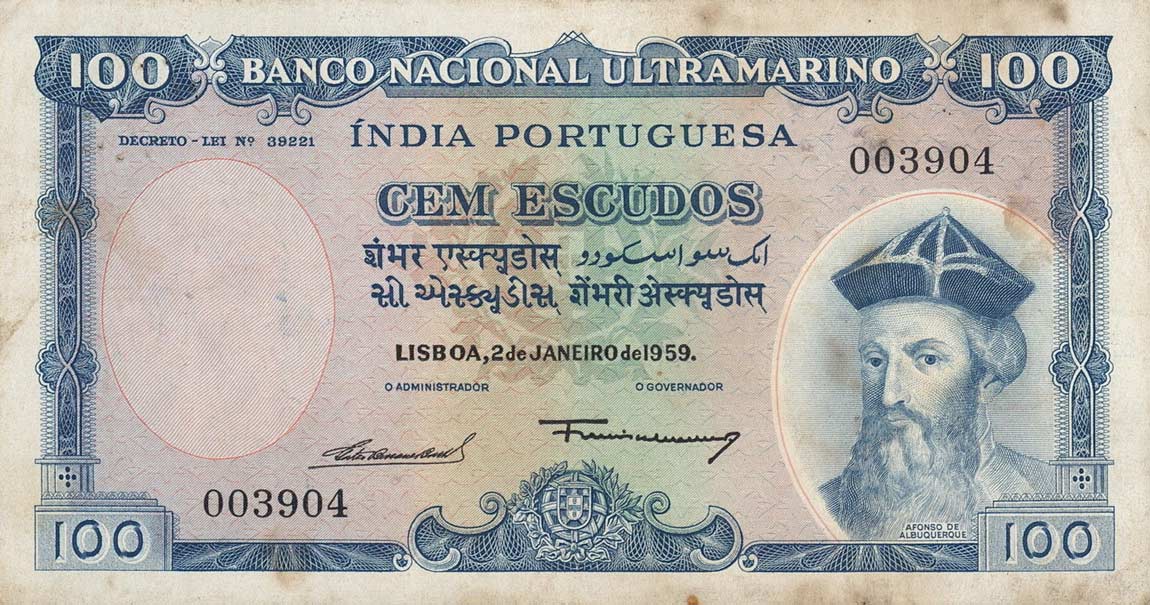 Front of Portuguese India p43a: 100 Escudos from 1959