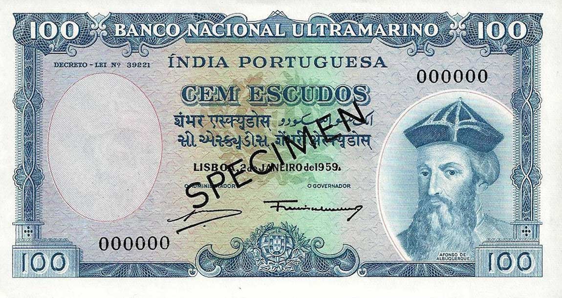 Front of Portuguese India p43s: 100 Escudos from 1959