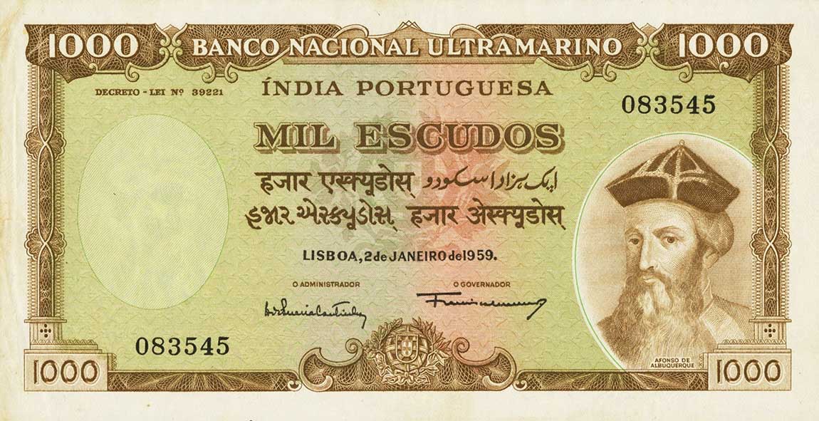 Front of Portuguese India p46a: 1000 Escudos from 1959