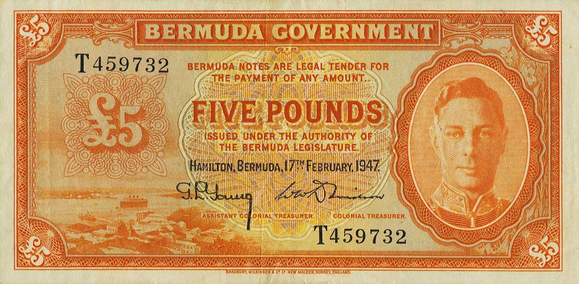 Front of Bermuda p17a: 5 Pounds from 1947