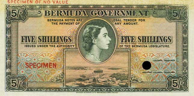 Front of Bermuda p18ct: 5 Shillings from 1952