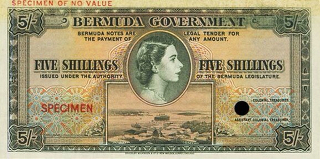 Front of Bermuda p18s: 5 Shillings from 1957