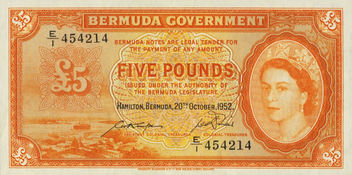 Front of Bermuda p21a: 5 Pounds from 1952