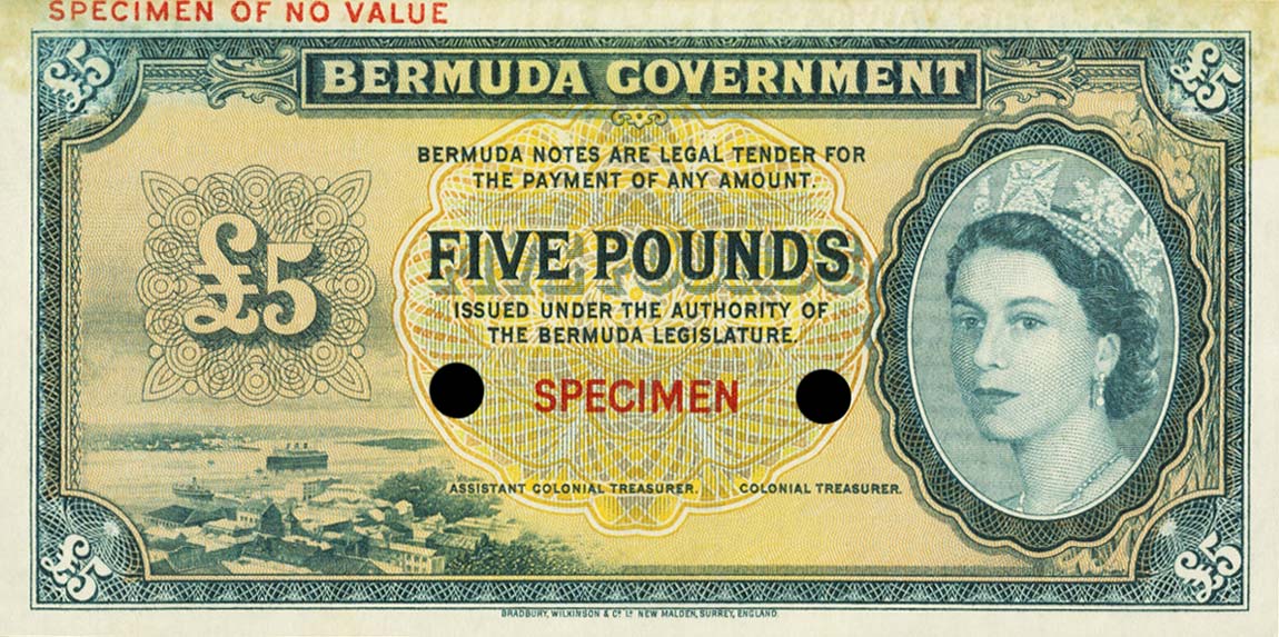 Front of Bermuda p21ct: 5 Pounds from 1952