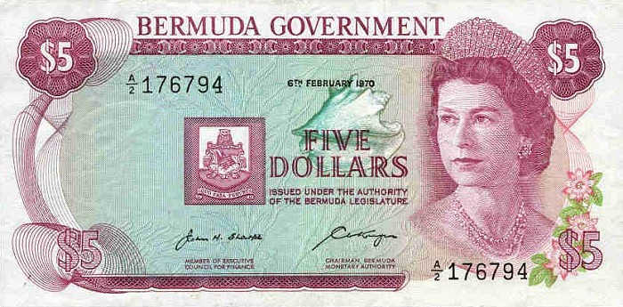 Front of Bermuda p24a: 5 Dollars from 1970