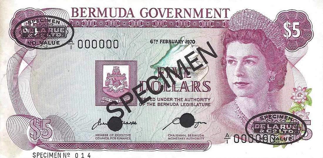 Front of Bermuda p24s: 5 Dollars from 1970