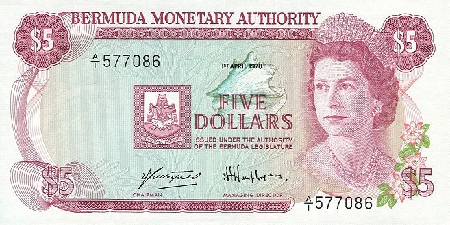 Front of Bermuda p29a: 5 Dollars from 1978