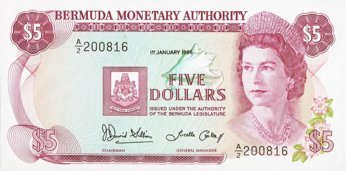 Front of Bermuda p29c: 5 Dollars from 1986