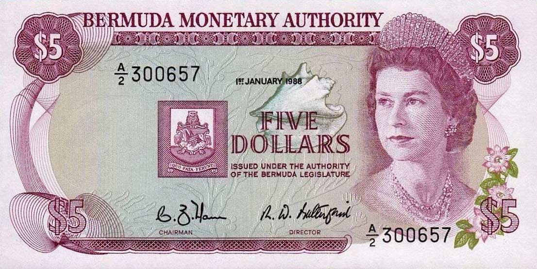 Front of Bermuda p29d: 5 Dollars from 1988