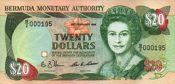 Front of Bermuda p37b: 20 Dollars from 1989